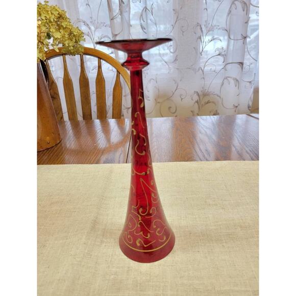 Vintage Champagne Flute, Hand Painted Glass, Red with Gold - Picture 5 of 5